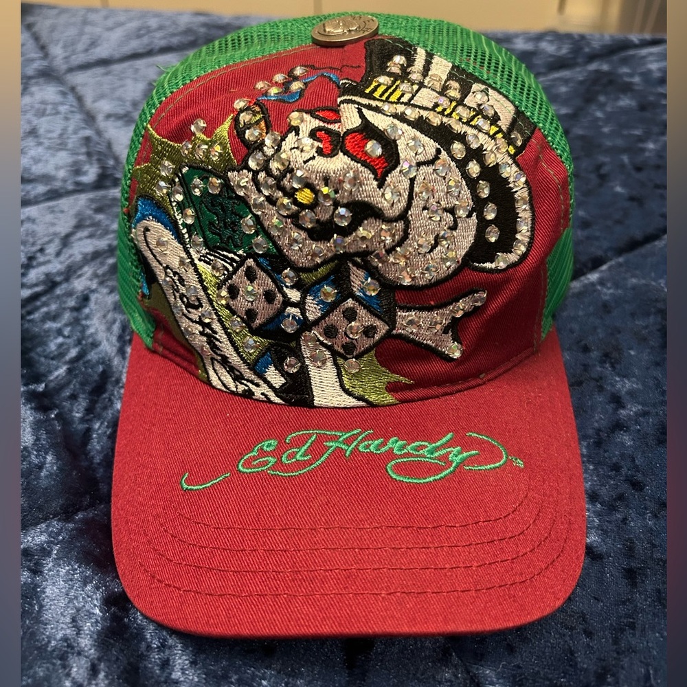 Ed Hardy Red and Green Embroidered Rhinestone Trucker Hat